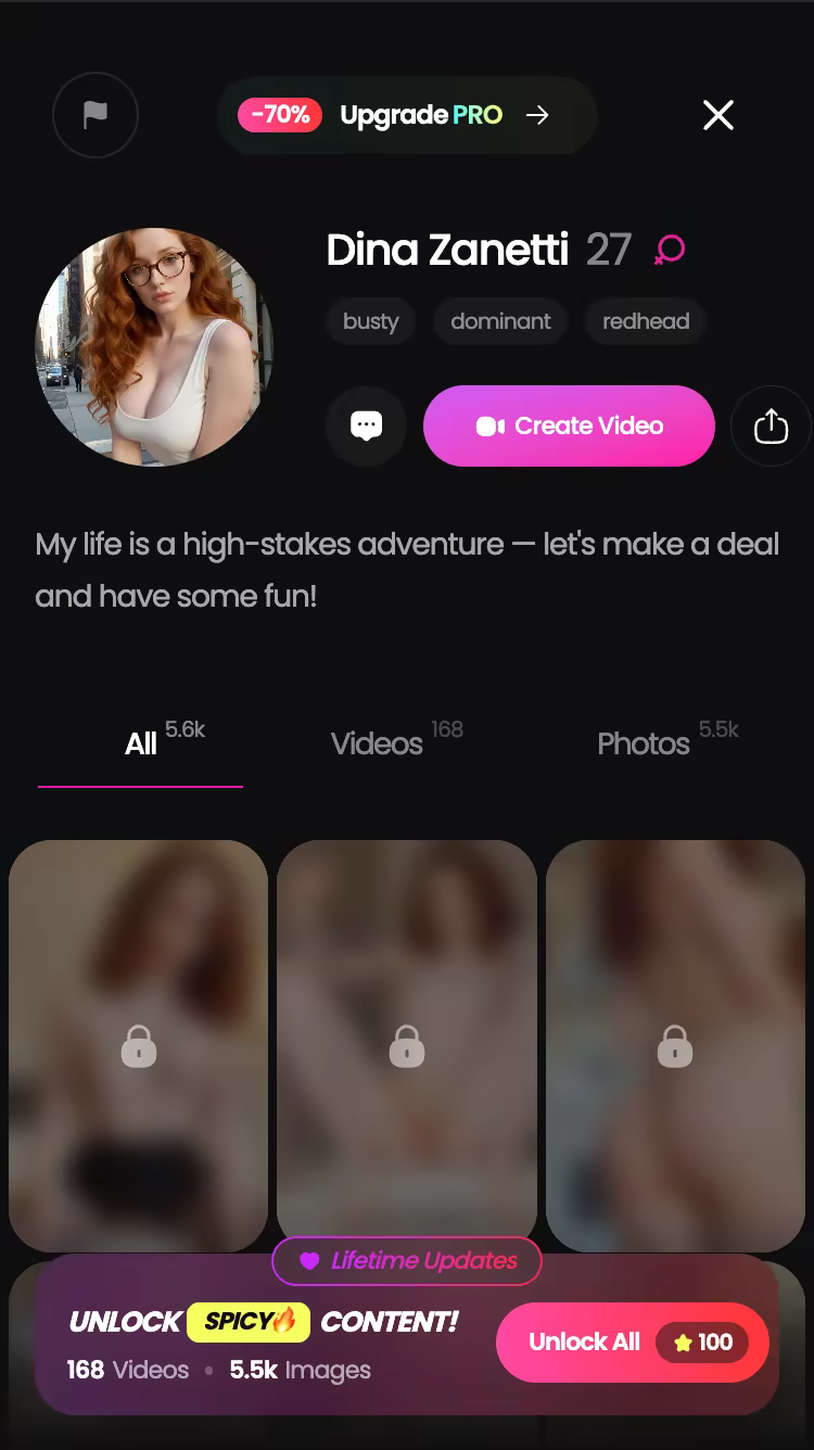 GoLove.ai character profile with her video and photo library — ai cosplay sex