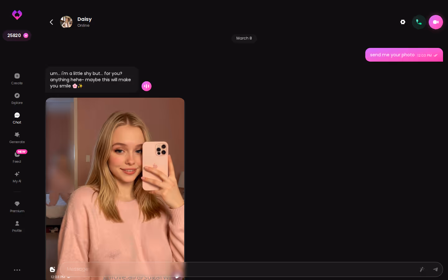 A GoLove chat with a photo request placed inside the conversation