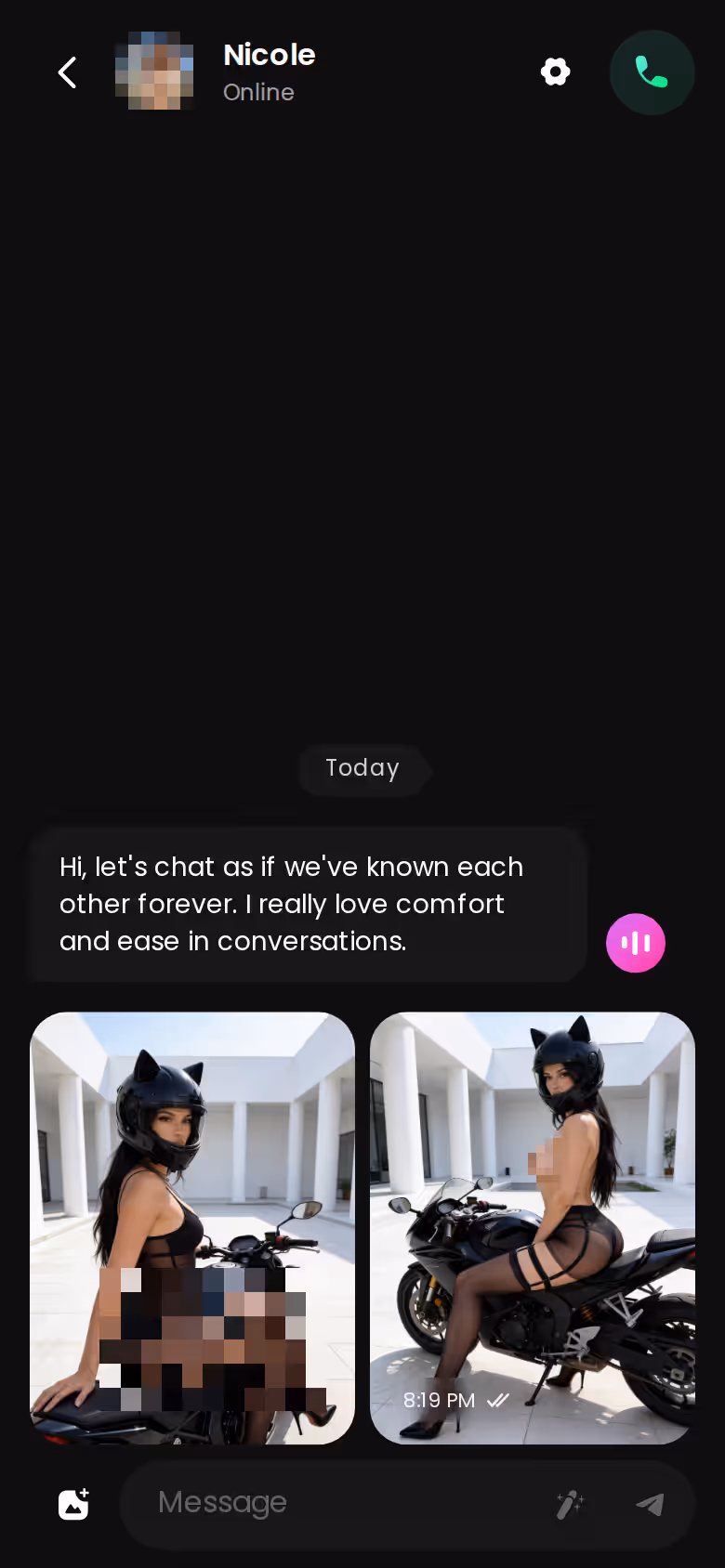 Mobile GoLove.ai chat thread with photo exchange โ ai companion app for language practice