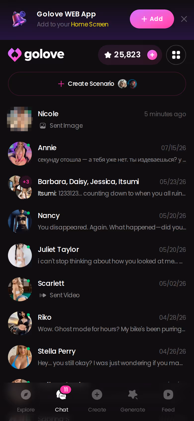 GoLove mobile chat list holding a roster of costumed characters