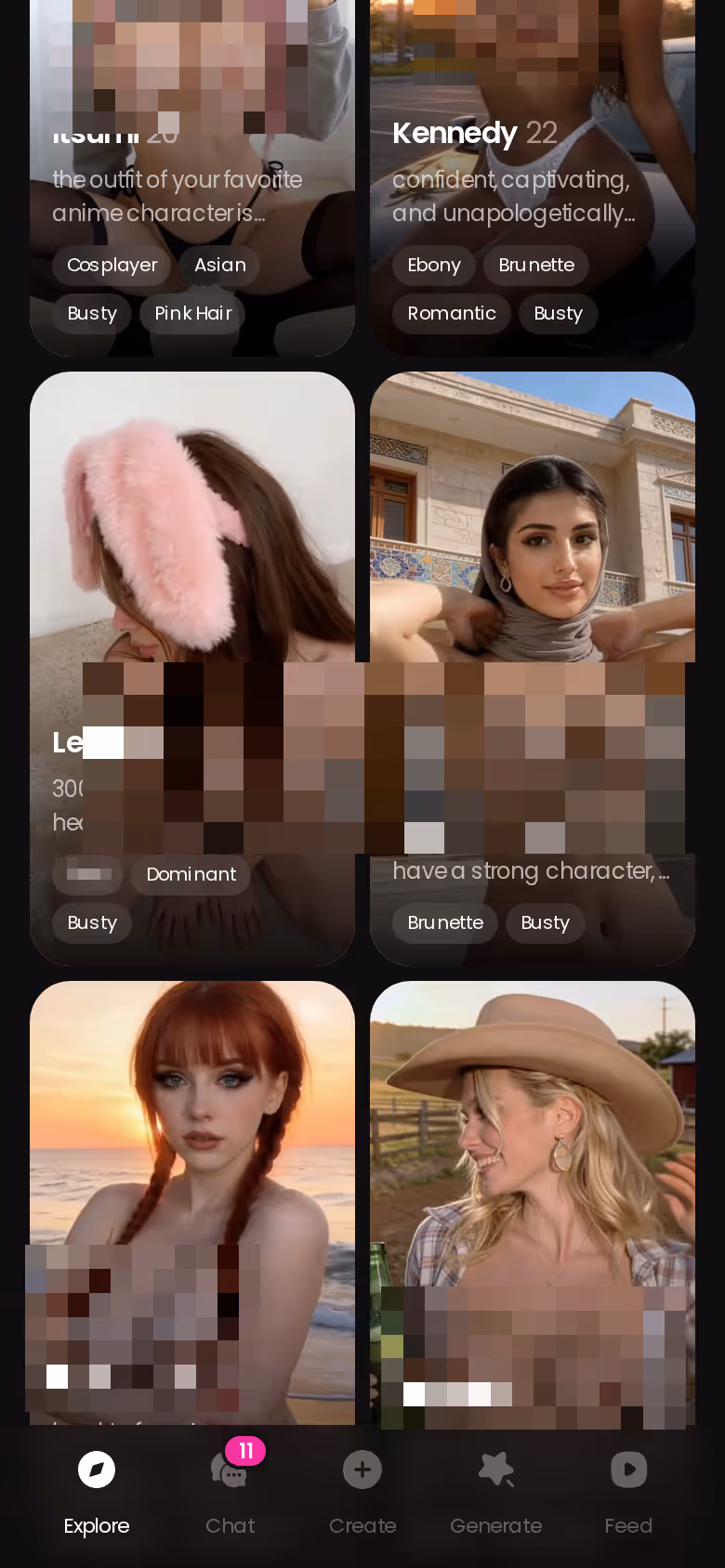 GoLove.ai Explore page on mobile showing realistic AI characters to pick for a cosplay chat