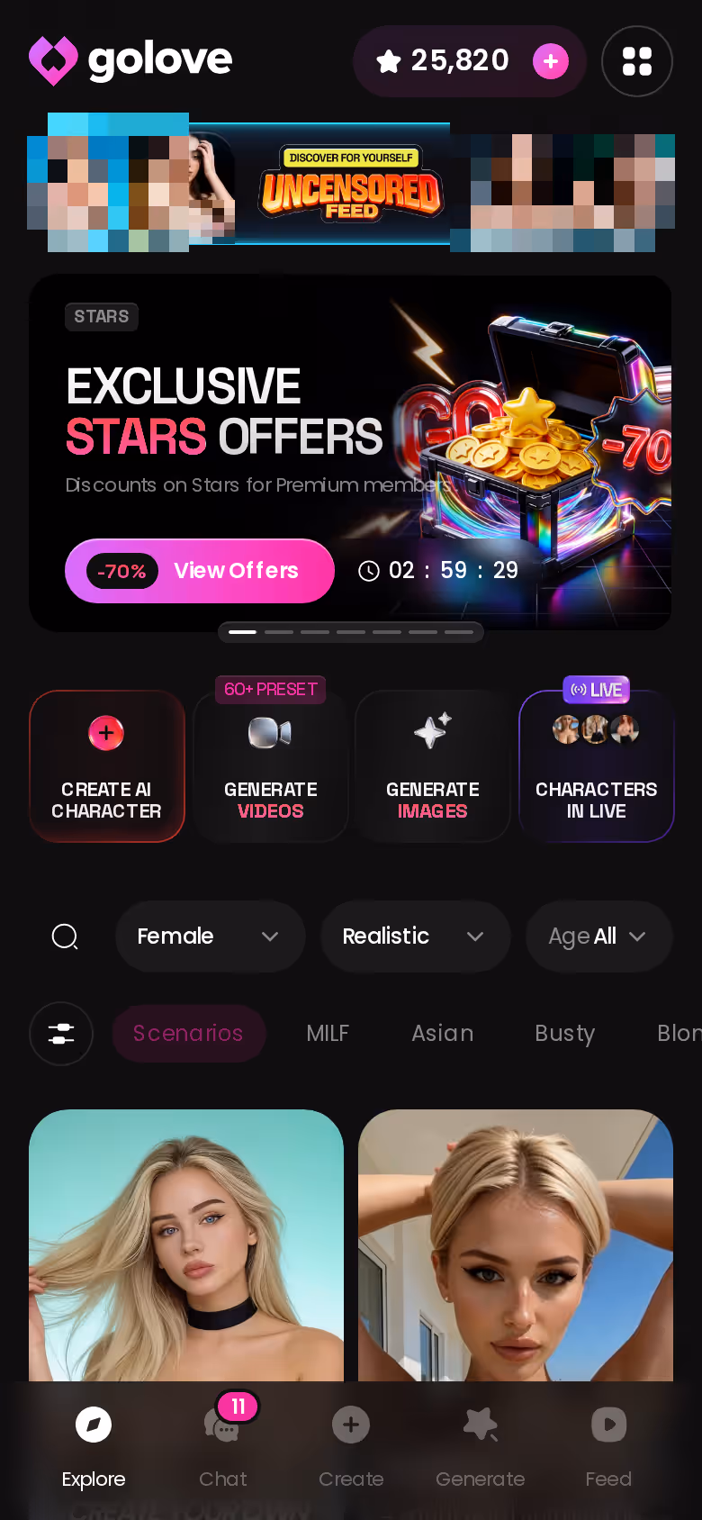 Mobile GoLove.ai Explore page with banners and character grid — nomi ai review after six months