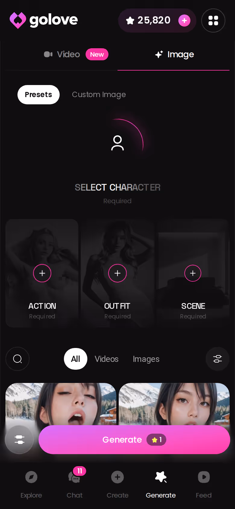 GoLove image generator on mobile, where monthly Stars are spent