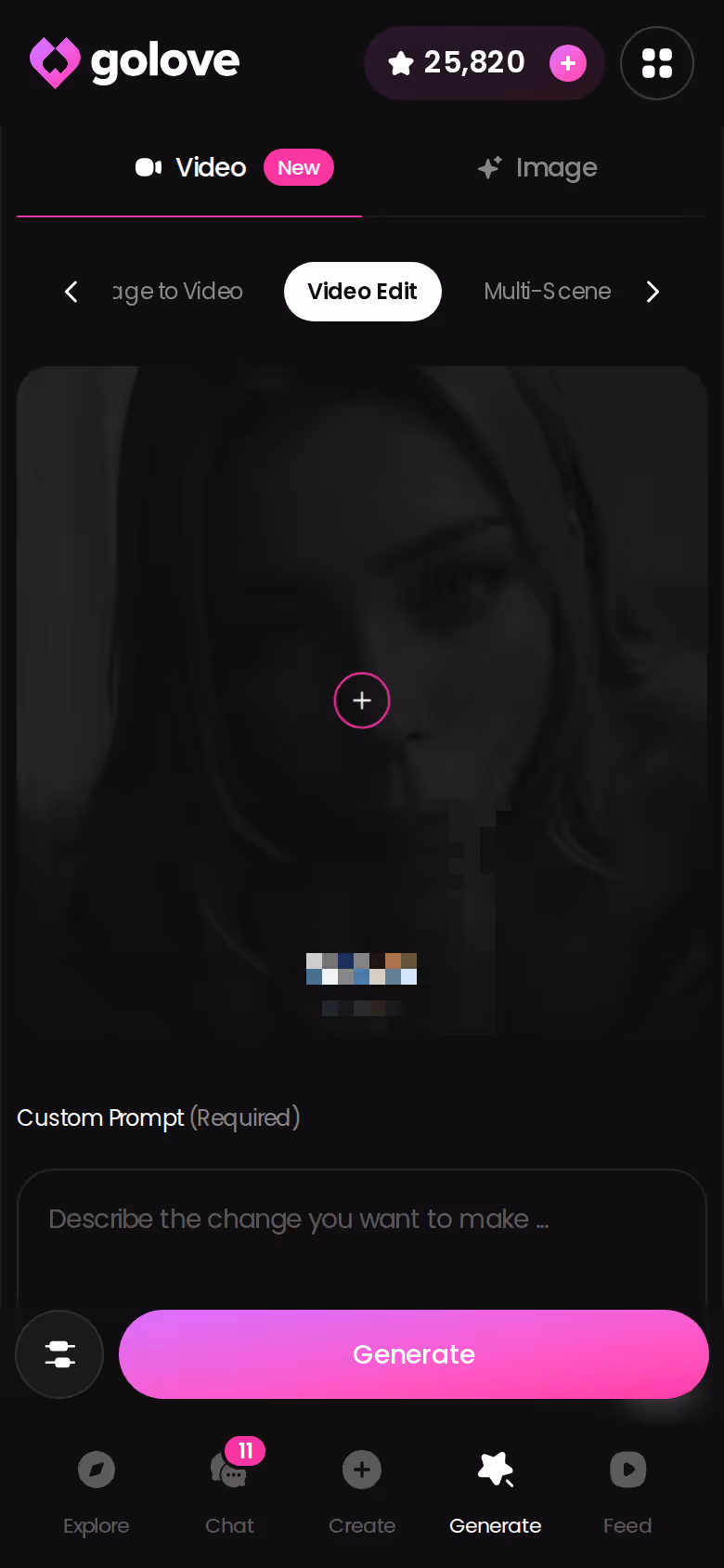 GoLove Video Edit screen on mobile for reworking a generated costume clip